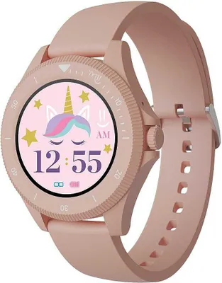 A pink smartwatch with a unicorn face displayed on the screen.