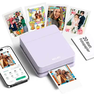 Immagine prodotto di Nelko Fotodrucker PP01: stampante portatile mini per smartphone, colorata, con 20 fogli di carta fotografica. Stampante a getto d'inchiostro con adesivo, ideale per creare foto con retro adesivo, compatibile con iOS e Android. Dotata di app intelligente AI. Colore: viola