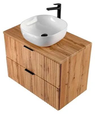 Produktbild von Waschtisch-Unterschrank 80 cm mit Keramik Waschbecken in Wotaneiche Rillenoptik, B/H/T 80,6/74,2/46,5 cm