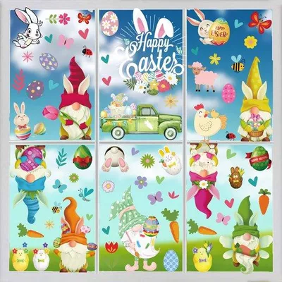Image de Décoration de Pâques autocollante, lot de 9, avec lapin et œuf, réutilisable