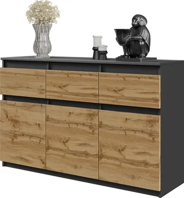 Produktbild von FURNICA - NOAH - Komoda / príborník s 3 zásuvkami a 3 dvierkami - antracitovo sivá / dub Wotan V75cm Š120cm H35cm