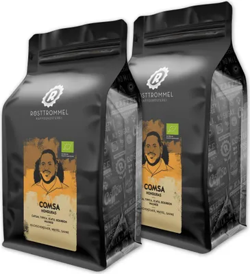 Produktbild von RÖSTTROMMEL Honduras, -ESPRESSO, Ganze Kaffee-Bohnen 2x1kg, 100% Arabica, Röstung 6/10, Geschmack: Milchschokolade - Waffel - Sahne, nachhaltiger Spitzenkaffee, Premium Kaffee, (DE-ÖKO-001)