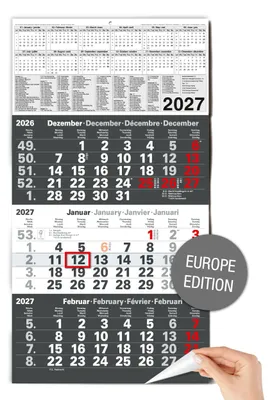 Produktbild von 3 Monatskalender 2027 Europe Edition Wandkalender Englisch EU-Feiertage Datumsschieber 30x56 cm