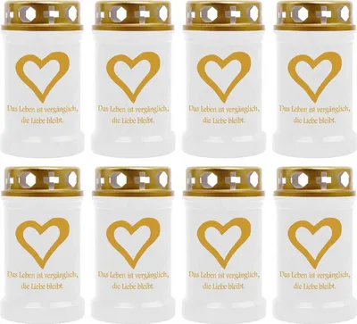 Image de Bougie funéraire - Pack de 8 - Blanc 40h ( couvercle et impression or ) - coeur