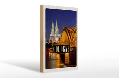 Produktbild von Holzschild Reise 20x30cm Köln Brücke Stadt Dom Abend Lichter
