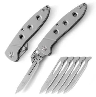 Image de Couteau pliant à lame escamotable, type scalpel, avec 6 lames, couteau utilitaire de type EDC (Everyday Carry), couleur argent