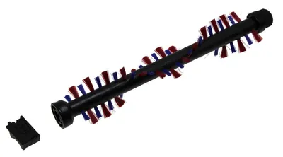 A vacuum cleaner brush roller and a small black plastic attachment are shown against a white background.