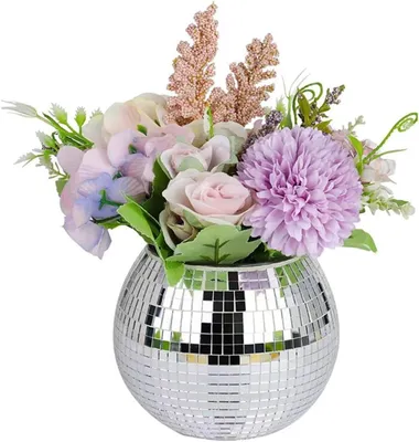 Imagen del producto de Jarrón de cristal con forma de esfera, mosaico plateado, 12 x 10 cm, para flores