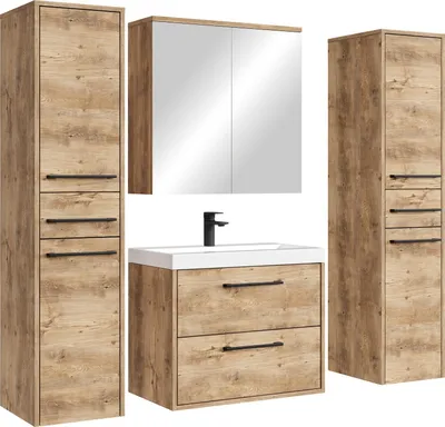 Obrázek produktu pro Badplaats Koupelnová Sestava Florence 60 cm XL - Kaštanový Dub - Závěsná Skříňka s Umyvadlem, Zrcadlovou Skříňkou a Bočními Skříňkami