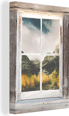Produktbild von OneMillionCanvasses® - Leinwandbilder - 90x140 cm, Durchschaubar - Holz - Berge, - Geöffnetes Fenster - Fensterblick Schlafzimmer Kunstdruck Wanddekoration - Foto auf Leinwand - Gemälde auf Holzrahmen  - Wandschmucke - Schlafzimmer