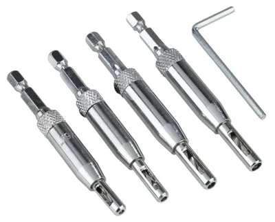 Produktbild von Türscharnierbohrer-Set 5-teilig selbstzentrierend mit HSS-Bohrern in 4 Größen 2-4,5 mm und Sechskantaufnahme