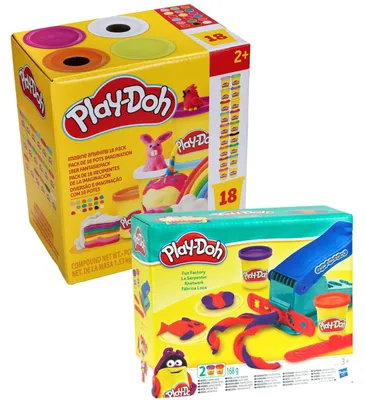 Produktbild von Play-Doh Fun Factory Knetpresse mit 20 Dosen Knete im Set