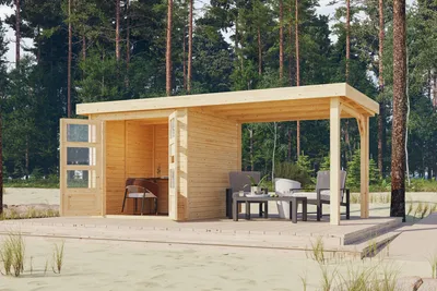 Produktbild von Karibu Gartenhaus Gerätehaus Askola 2 im Set mit Anbaudach 2,80 m Breite naturbelassen 468x217x211 cm