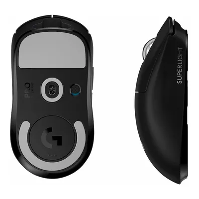 Two views of a black wireless computer mouse on a white background.