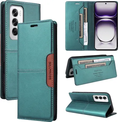 Image de Etui pour Oppo Reno12 5G, étui portefeuille en cuir avec fente pour carte et support Vert