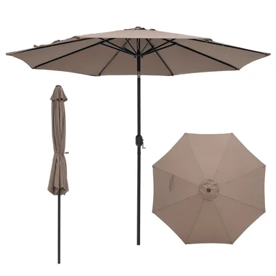 A tan patio umbrella is shown in three different views: fully open, closed and standing, and from a top-down perspective.