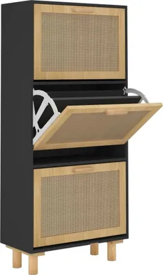 A black shoe cabinet with wooden accents and rattan panels, shown with one of its doors open.