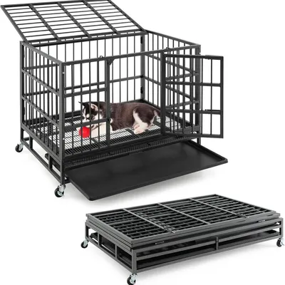 Image de Cage pour chien - Cage - Transport pour chien - Cage de transport - Cage en fil de fer - Pliable - Métal - 2 portes - 4 roulettes