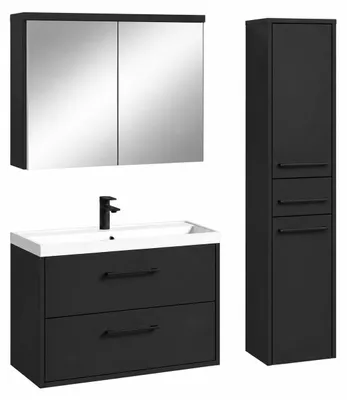 Image de Badplaats Ensemble Meuble de Salle de Bain Florence 80 x 40 cm - Noir Mat - avec Vasque, Armoire de Toilette et Colonne