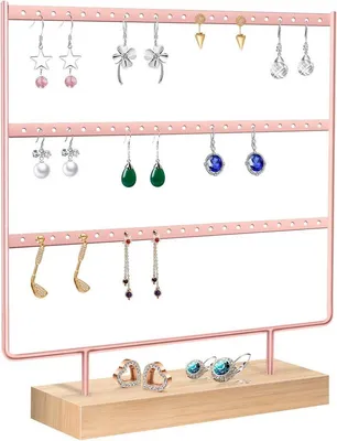 Productafbeelding van PromoHome® Oorbellenhouder - Houten sieradenhouder met 3 niveaus en 66 opbergplaatsen, kleur: roze