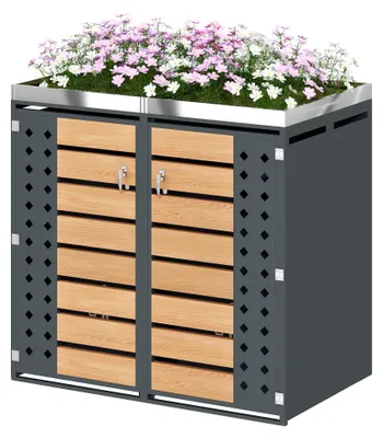 Produktbild von Mülltonnenbox für 2 Tonnen bis 240L, Mülltonnenverkleidung aus verzinktem Stahl mit Pflanzdach, Holz-Optik & Anthrazit, wetterfester Mülltonnenschrank, Abfallbox mit Schloss