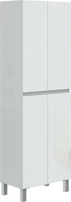 A tall, slender white cabinet with four doors and silver legs, presented against a white background.
