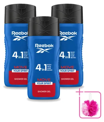 Immagine prodotto di 3 flaconi di gel doccia Reebok Move Your Spirit, formato 4-in-1, da 400 ml ciascuno. Confezione risparmio, 3 pezzi