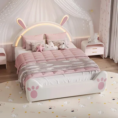 Obrázok produktu pre Detská posteľ s čalúnením UnboxG 140 x 200 cm s motívom zajačika, LED osvetlením, mäkkým zamatom a motívom labiek, bezpečný rám postele do dievčenskej izby