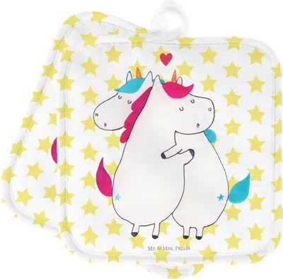 Produktbild von Mr. & Mrs. Panda Topflappen Einhorn Mitteilung - Weiß - Geschenk, Unicorn, Spruch, Ofenlappen, Set, Topfuntersetzer, Kochlappen, Einhörner, Ehe, Valentinstag, topfhalter