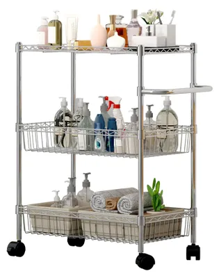 Image de Chariot de cuisine - Chariot de service - 3 étagères - Hauteur réglable - Acier inoxydable - Avec poignée - Argenté - 60 x 35 x 80 cm