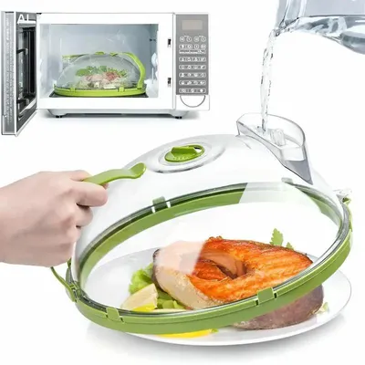Produktbild von Mikrowellen-Spritzschutz mit Wasserdampfgarer, 25 cm (10 Zoll) transparenter Mikrowellenteller-Deckel für Lebensmittel, Küchenhelfer und Zubehör für Mikrowellenherde