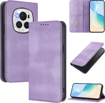 Image de Etui pour Honor Magic6 Pro, étui en cuir vintage avec protection RFID, fentes pour cartes, support Violet