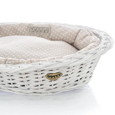Produktbild von Weiß gebleichter Weidenkorb für Hunde Wikikorb mit Baumwoll-Hundebett – Beige mit weißen Punkten Polka Dots – DOTTY