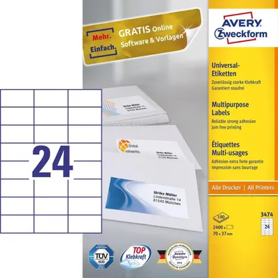 Image de Avery - Mehrzwecketiketten - weiß - 70 x 37 mm 2400 Etikett(en) (100 Bogen x 24) (3474)