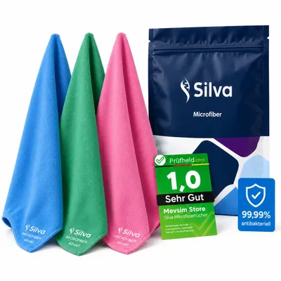 Produktbild von Silva Hochwertige Mikrofasertücher - Streifenfreie Fenster- und Spiegelreinigung, Küche & Magisches Reinigungstuch - Mix 3er Set - Grün & Blau & Rosa, KI-generiertes Bild