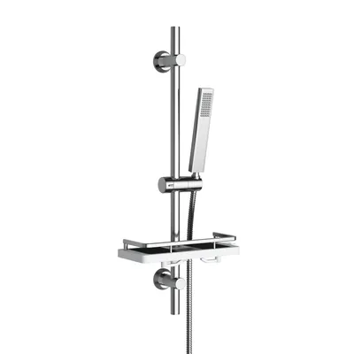 A chrome shower set with a handheld showerhead, hose, and a shelf attached to the shower bar, presented against a white background.