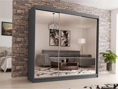 Image de BEAUTYSOFA armoire à portes coulissantes DEBRA II 240 cm - armoire à trois portes, armoire, armoire avec miroirs, tringle à vêtements et 4 tiroirs, couleur : graphite