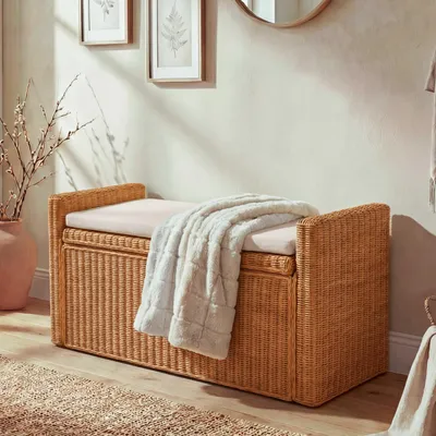 Produktbild von Sitzbank M92 Garderobenbank Bank Sitzhocker, mit Stauraum Kissen Kubu Rattan 88cm honigfarben