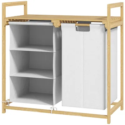 Image de Compartiment à linge, panier à linge en bambou avec sac à linge, trieur de linge, couleur blanche | 13 kg | 83 L | 70 x 36 x 70 cm