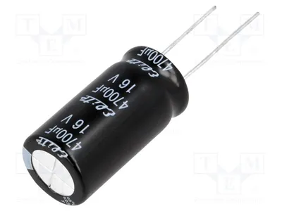 Imagen del producto de 2 condensadores: electrolíticos, montaje superficial (THT), 16 VDC, 4700 µF, dimensiones 16 x 31,5 mm, tolerancia ±20%, referencia PF1C472MNN1632