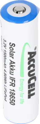Produktbild von 3,2 Volt Solar Akku Lithium 18650 IFR LiFePo4 Akku mit Kopf ungeschützt, 1400-1500mAh, Abmessungen ca. 66,1x18mm