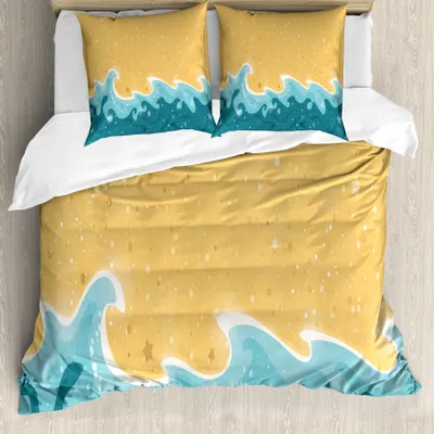 Produktbild von ABAKUHAUS Grafik-Strand Bettbezug Set für Einzelbetten, Grange Waves Sterne, Milbensicher Allergiker geeignet mit Kissenbezug, 155 cm x 220 cm - 80 x 80 cm, Senf Benzin Blau