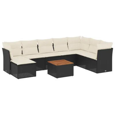 Produktbild von Modulares Garten-Sofaset, 9-teilig, mit Stauraum, Poly Rattan Schwarz, Akazienholz Tisch, Cremeweiße Kissen, UV-beständig