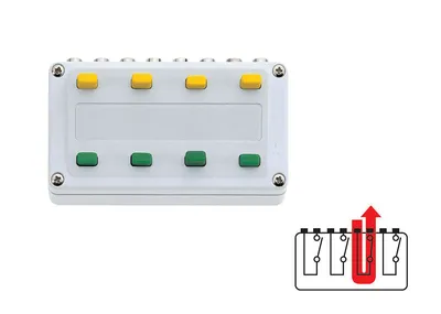 A white electronic device with yellow and green buttons, shown next to a diagram illustrating its function.