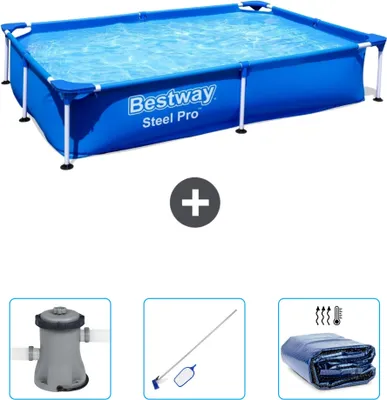 Immagine prodotto di Piscina Bestway Steel Pro rettangolare - 221 x 150 x 43 cm - blu - include pompa - kit di pulizia - tenda da sole