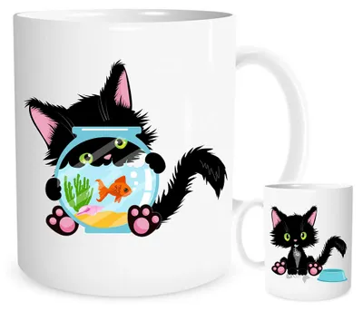 11oz Keramikbecher, schwarze Katze mit Fischschüssel, Geschenk