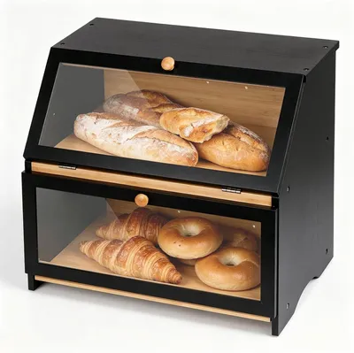 Obrázok produktu pre Chlebník 39x25x32 cm, bambus a čierna, 2 poschodia, do kuchyne