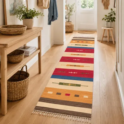 Produktbild von Baumwolle Natur Kelim Teppich Läufer Lina Bunt Modern, Größe:90x160 cm, KI-generiertes Bild