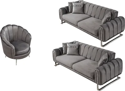 Produktbild von Villa Möbel Sofa Set Wave Grau Stellvariante:3+2+1 Relax- und Bettfunktion, pflegeleichter Mikrofaser Samtstoff