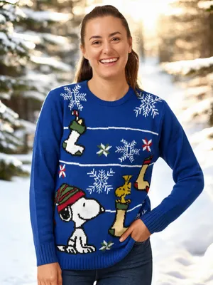 Produktbild von The Peanuts Winterpullover Uni - Snoopy Winter Strick Pullover Sweatshirt Ugly Sweater für Herren & Damen Blau M